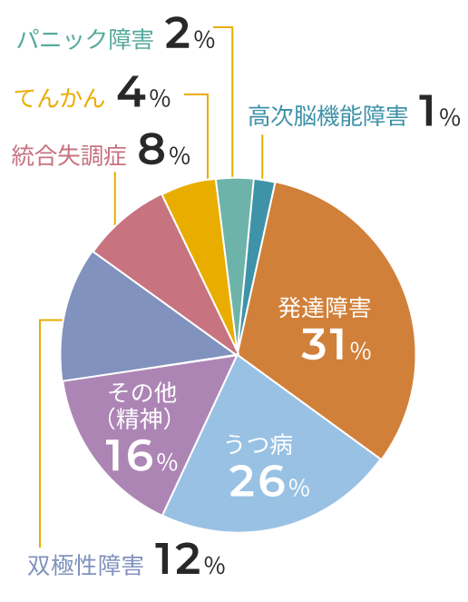 発達障害31%、うつ病気26%、その他(精神)16%、双極性障害12%、統合失調症8%、てんかん4%、パニック障害2%、高次脳機能障害1%